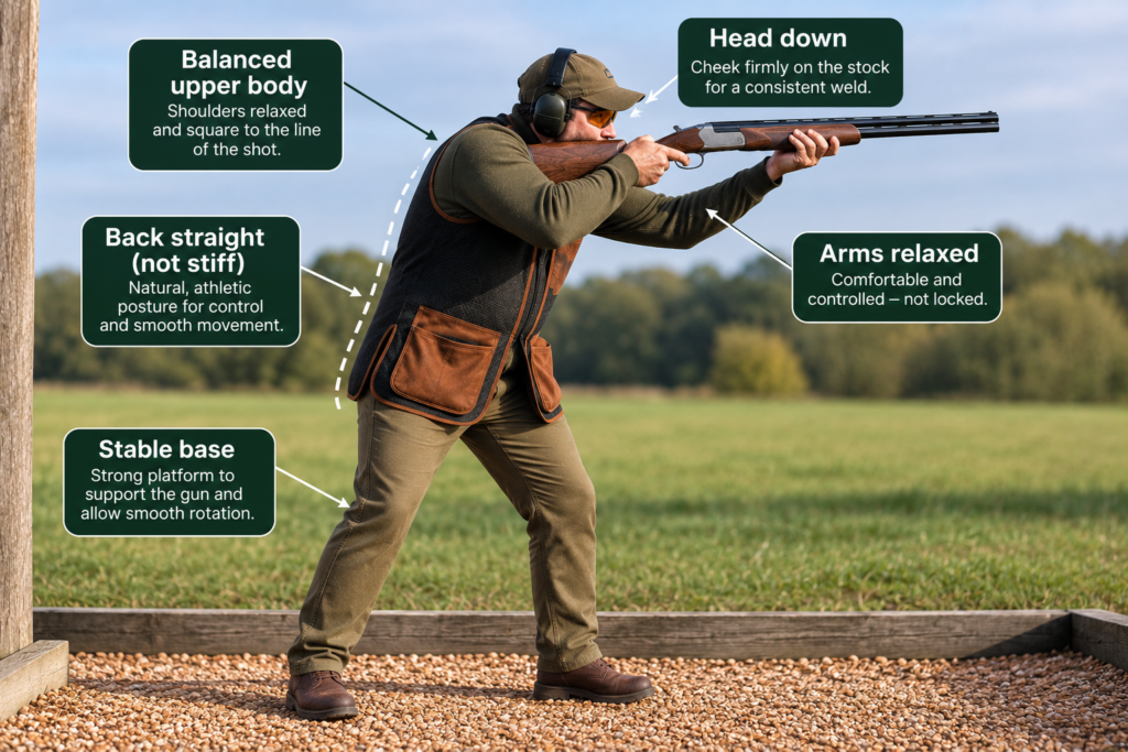 Learn the correct clay pigeon shooting stance for better balance, smoother gun movement and greater control. Practical tips from Guns & Clays.