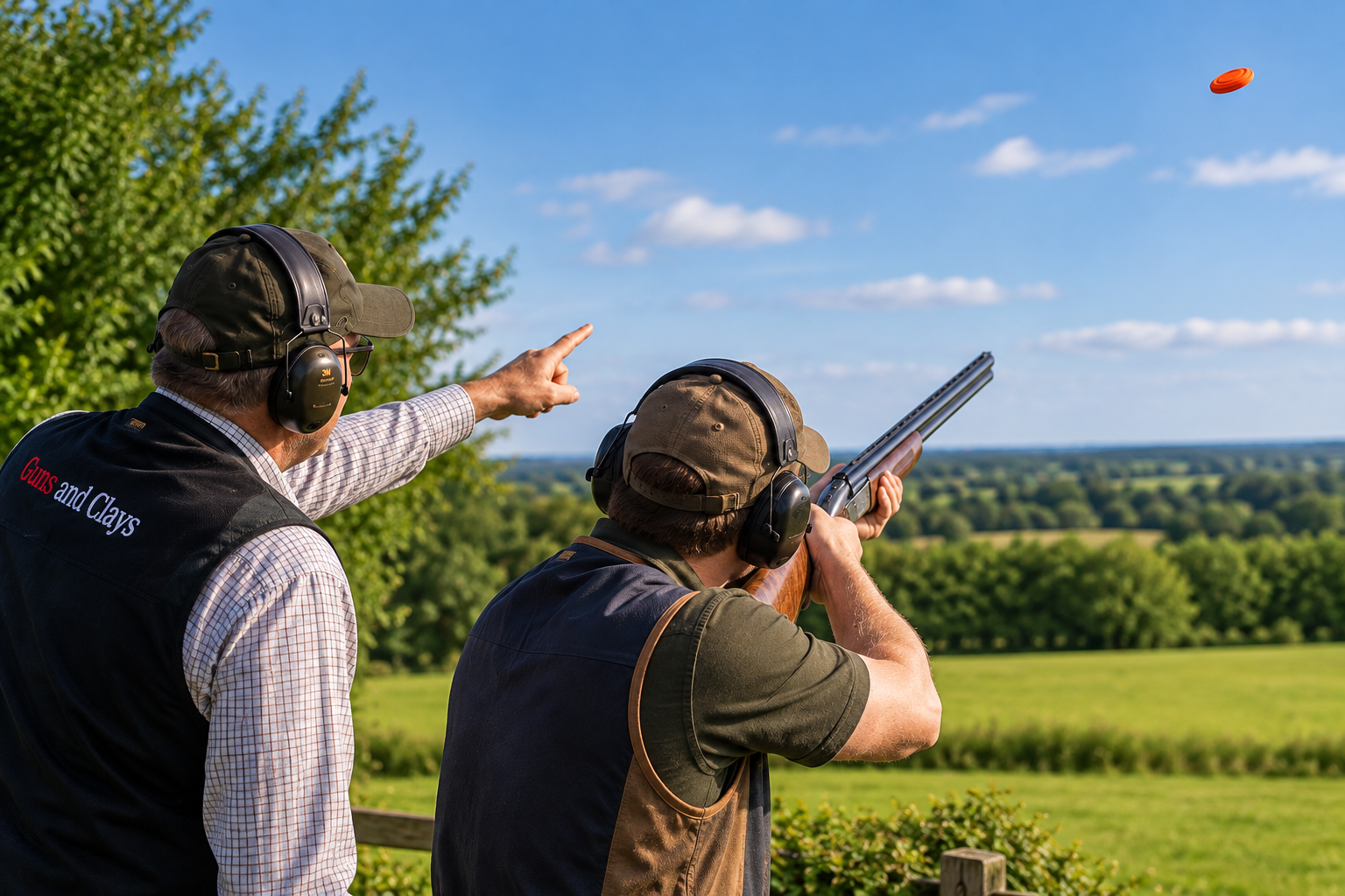 Clay shooting instructor teaching a shooter how to read a clay target