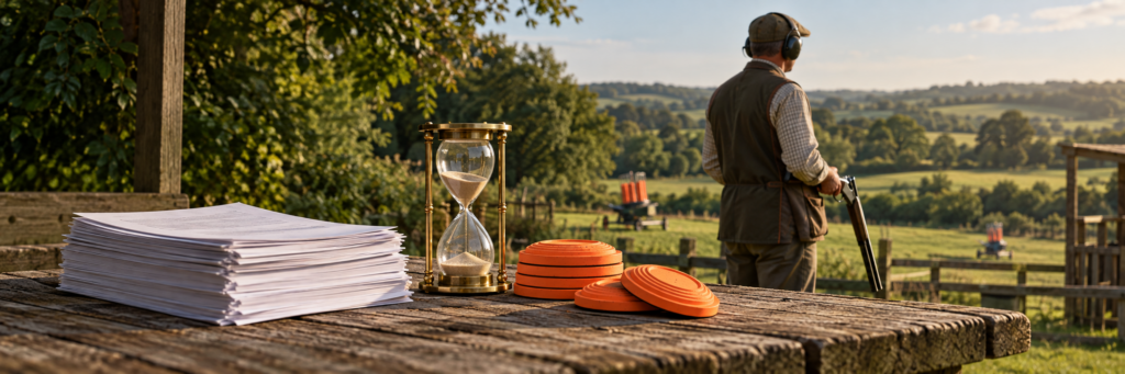Clay shooter waiting beside paperwork, an hourglass and clay targets, illustrating shotgun licence delays