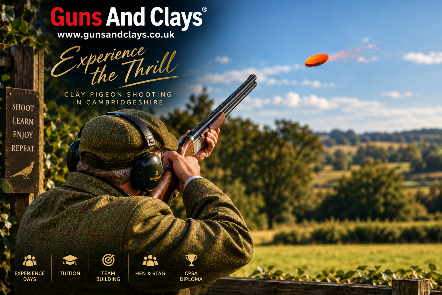 Guns and Clays illustration of a clay shooter aiming at an orange clay target in Cambridgeshire